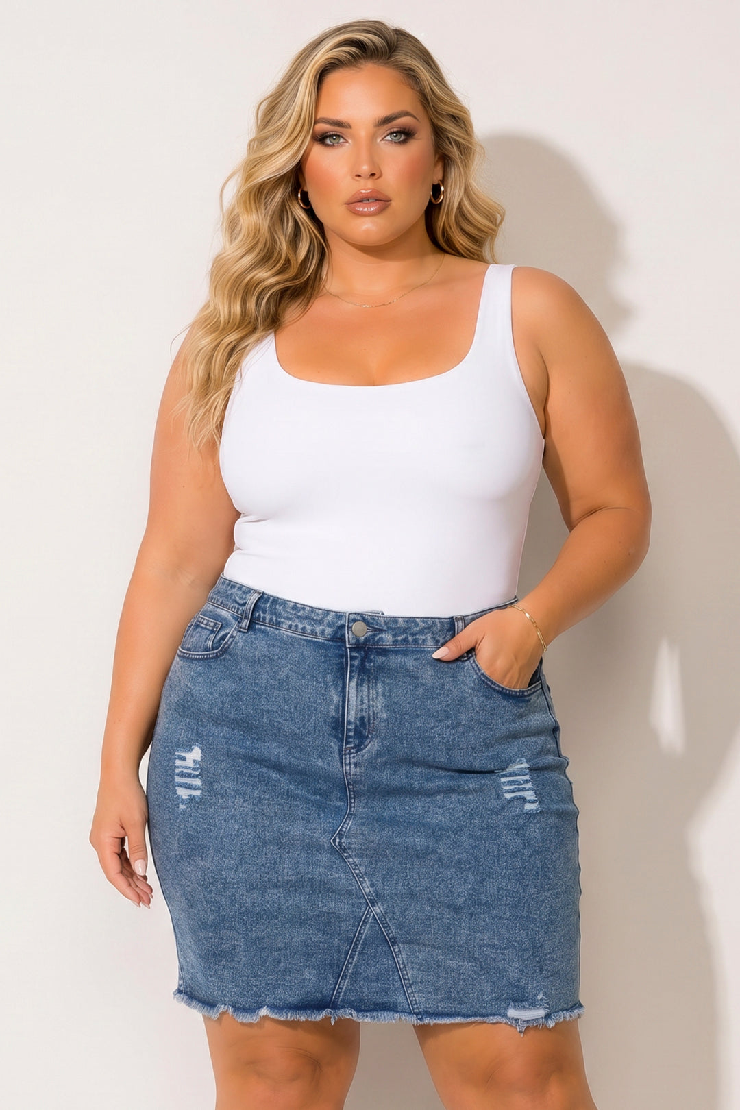 Style Tree Bottoms Plus Size Love Distressed Skirt - Dark  Wash