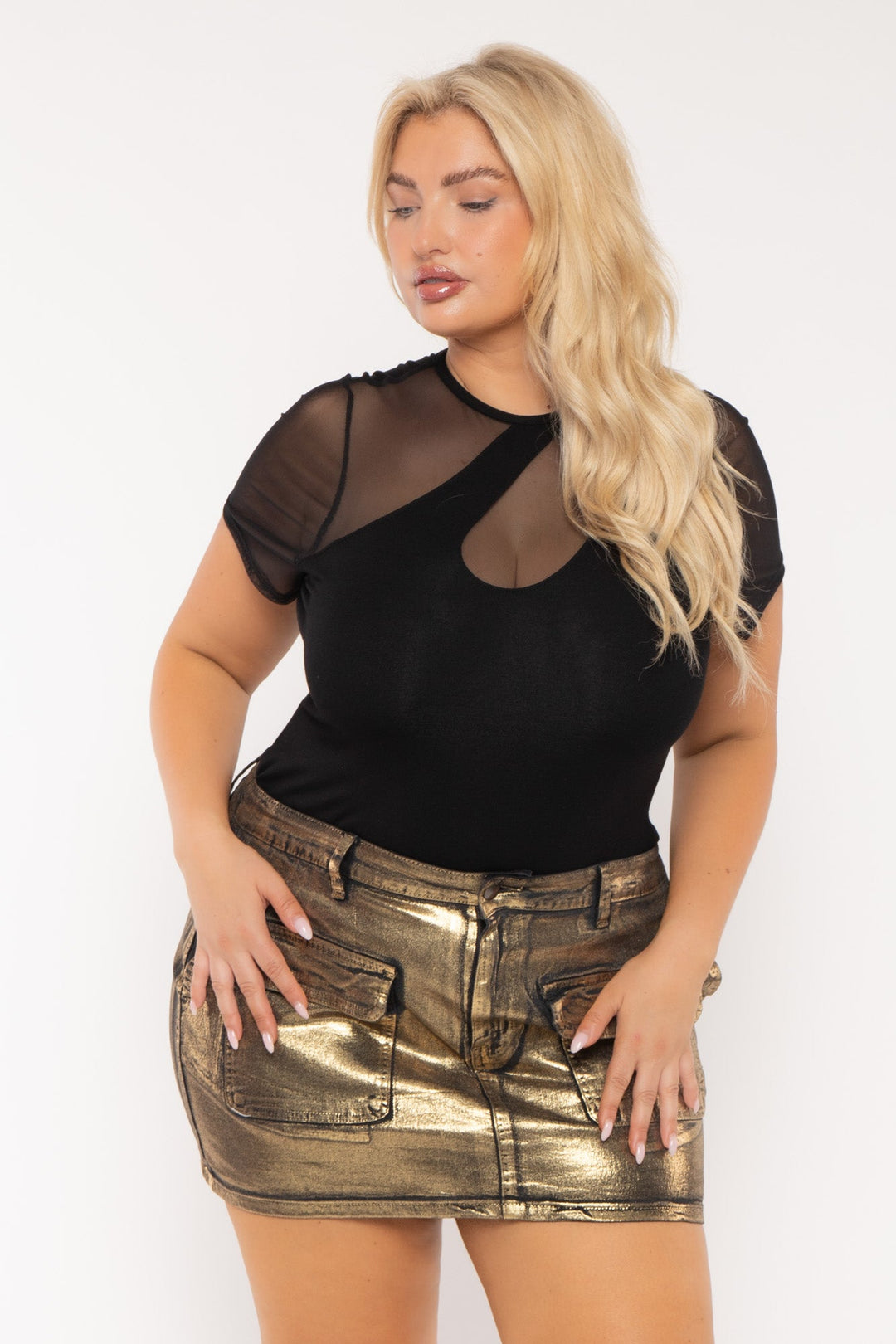 American Bazi Bottoms Plus Size Metallic Mini Skirt   - Gold