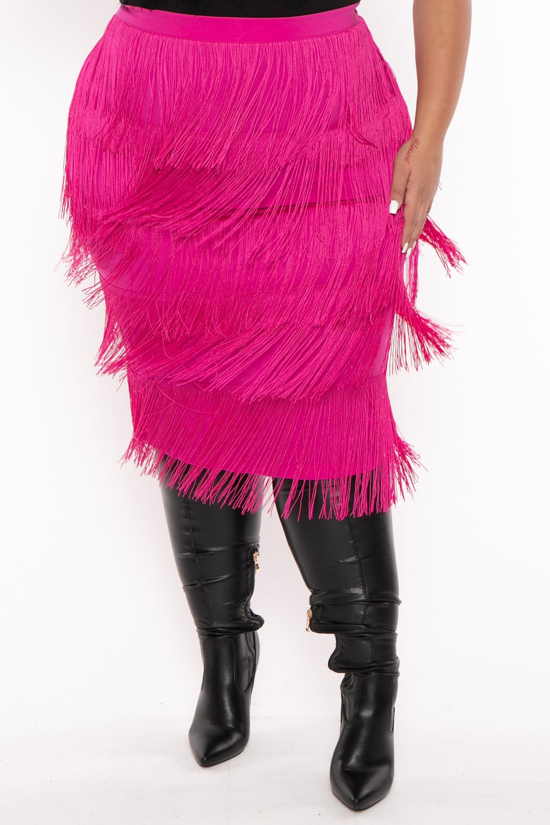 CHICCTHY TOP Bottoms 1X / Pink Plus Size Nyra Fringe Midi Skirt  - Pink