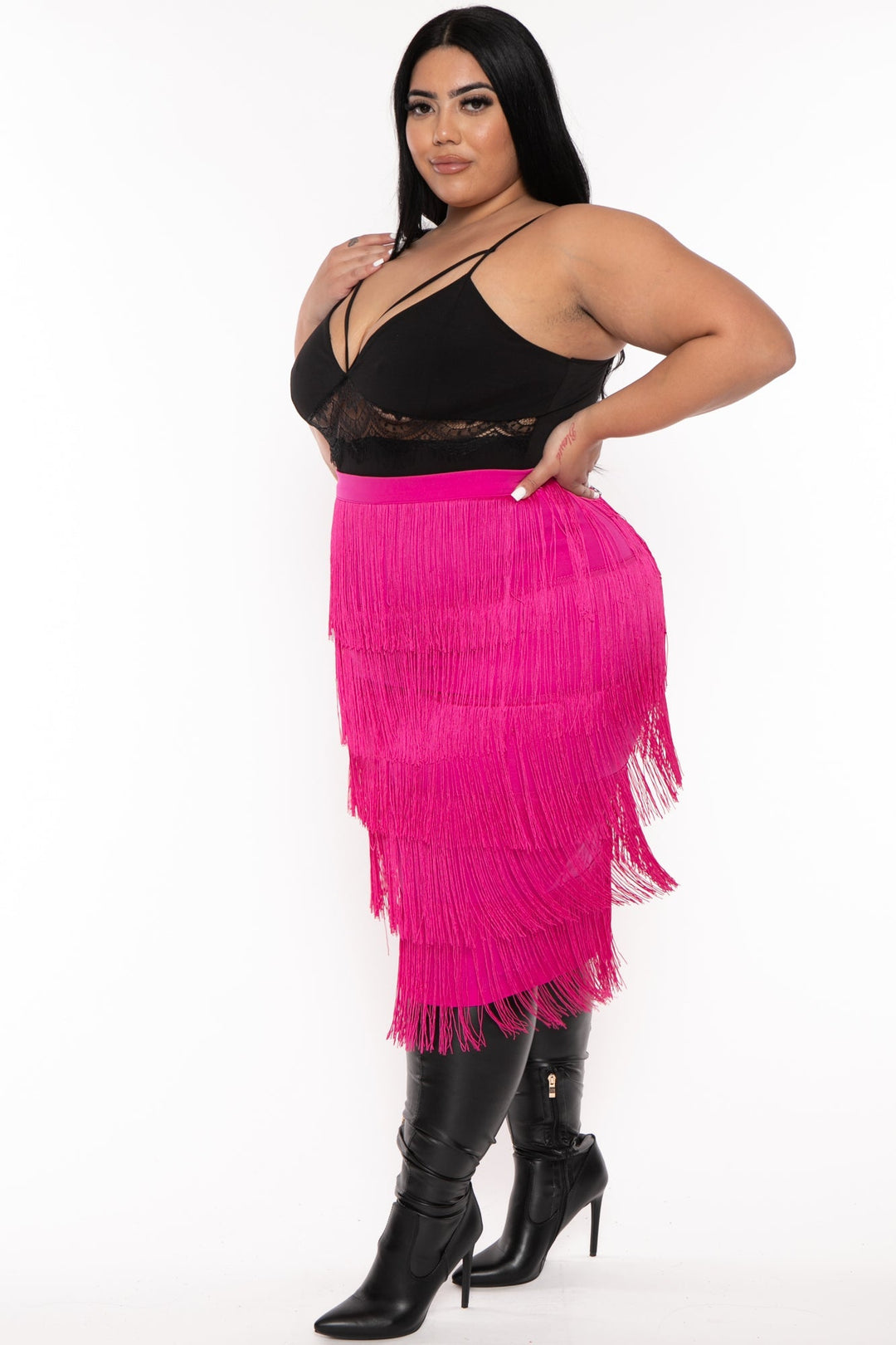 CHICCTHY TOP Bottoms Plus Size Nyra Fringe Midi Skirt  - Pink