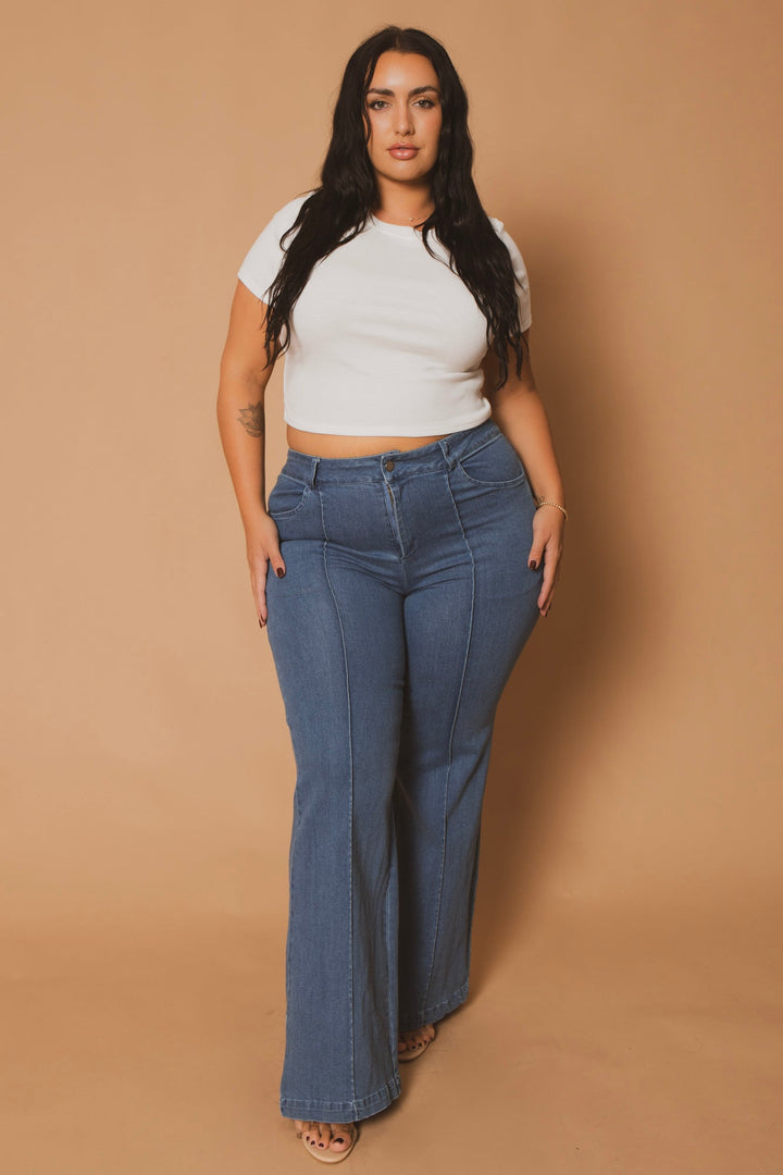 Blue Leopard Bottoms Plus Size Seamline Flare Pants - Light Wash