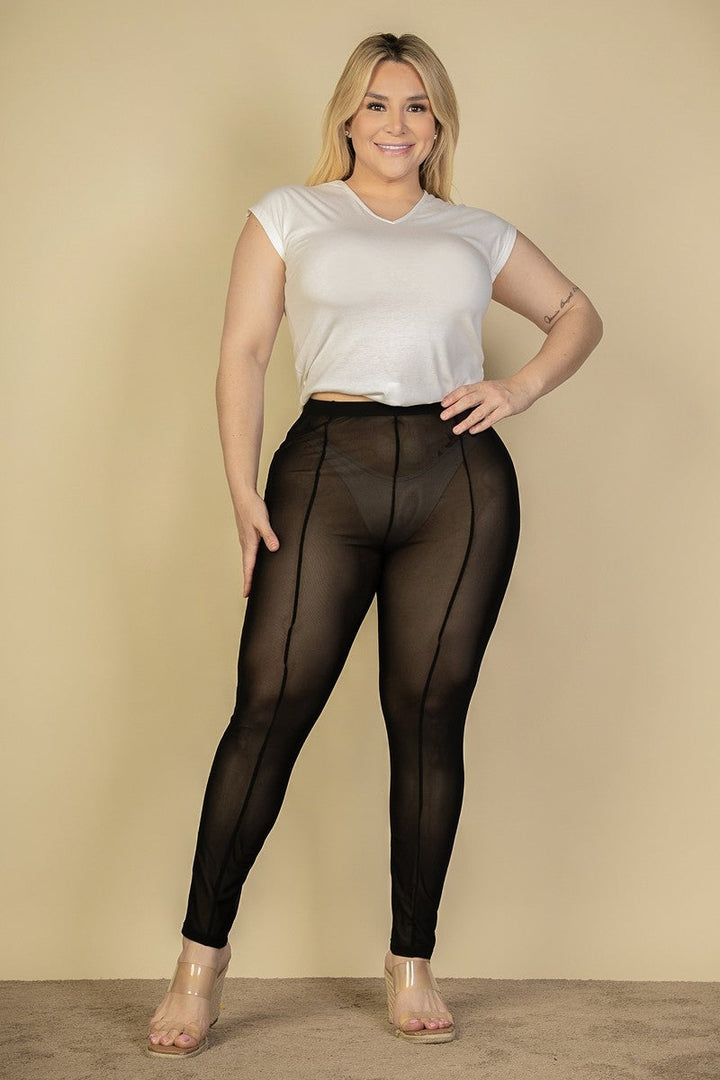 China Bottoms Plus Size Sheer Mesh Leggings-Black