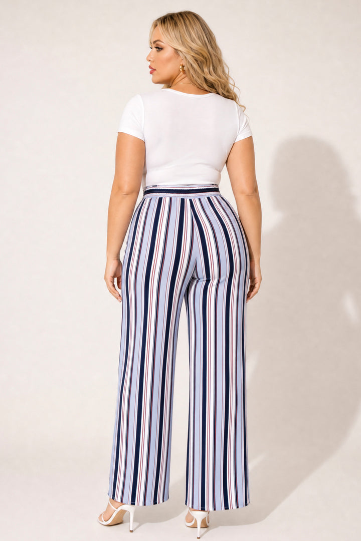 Ambiance Bottoms Plus Size Striped Belted Pants - Blue