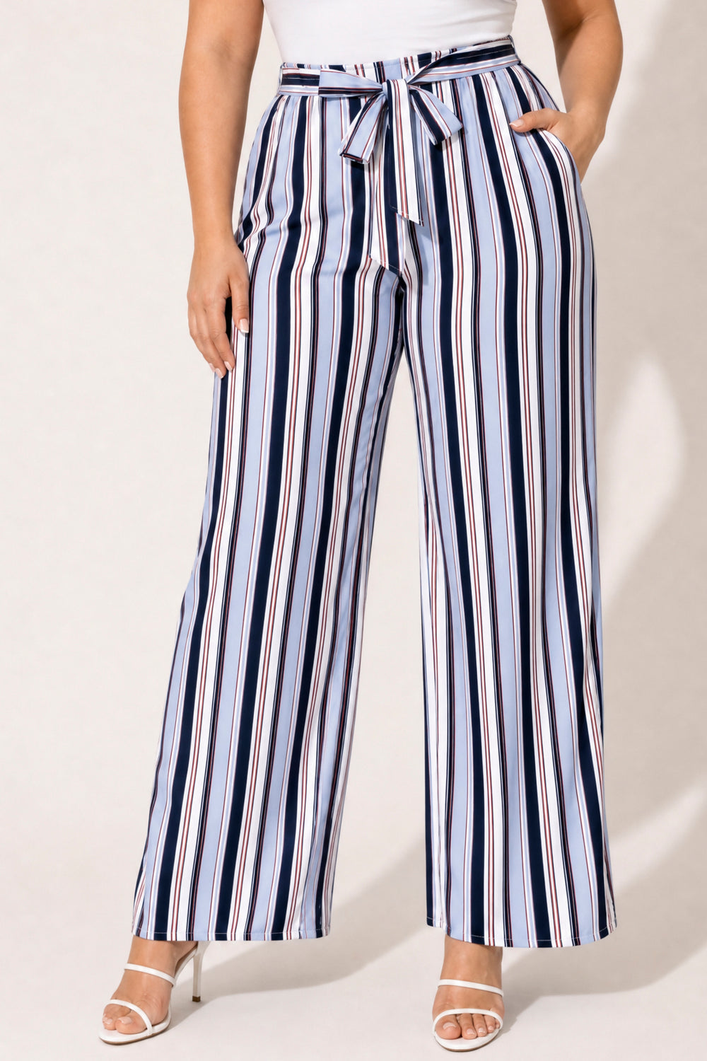 Ambiance Bottoms Plus Size Striped Belted Pants - Blue