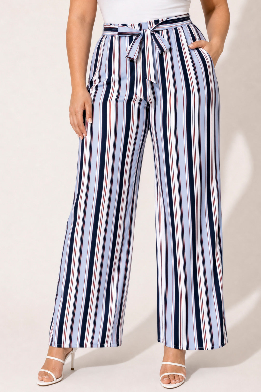 Ambiance Bottoms Plus Size Striped Belted Pants - Blue