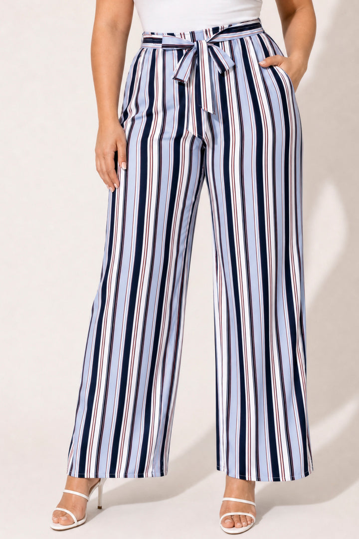 Ambiance Bottoms Plus Size Striped Belted Pants - Blue