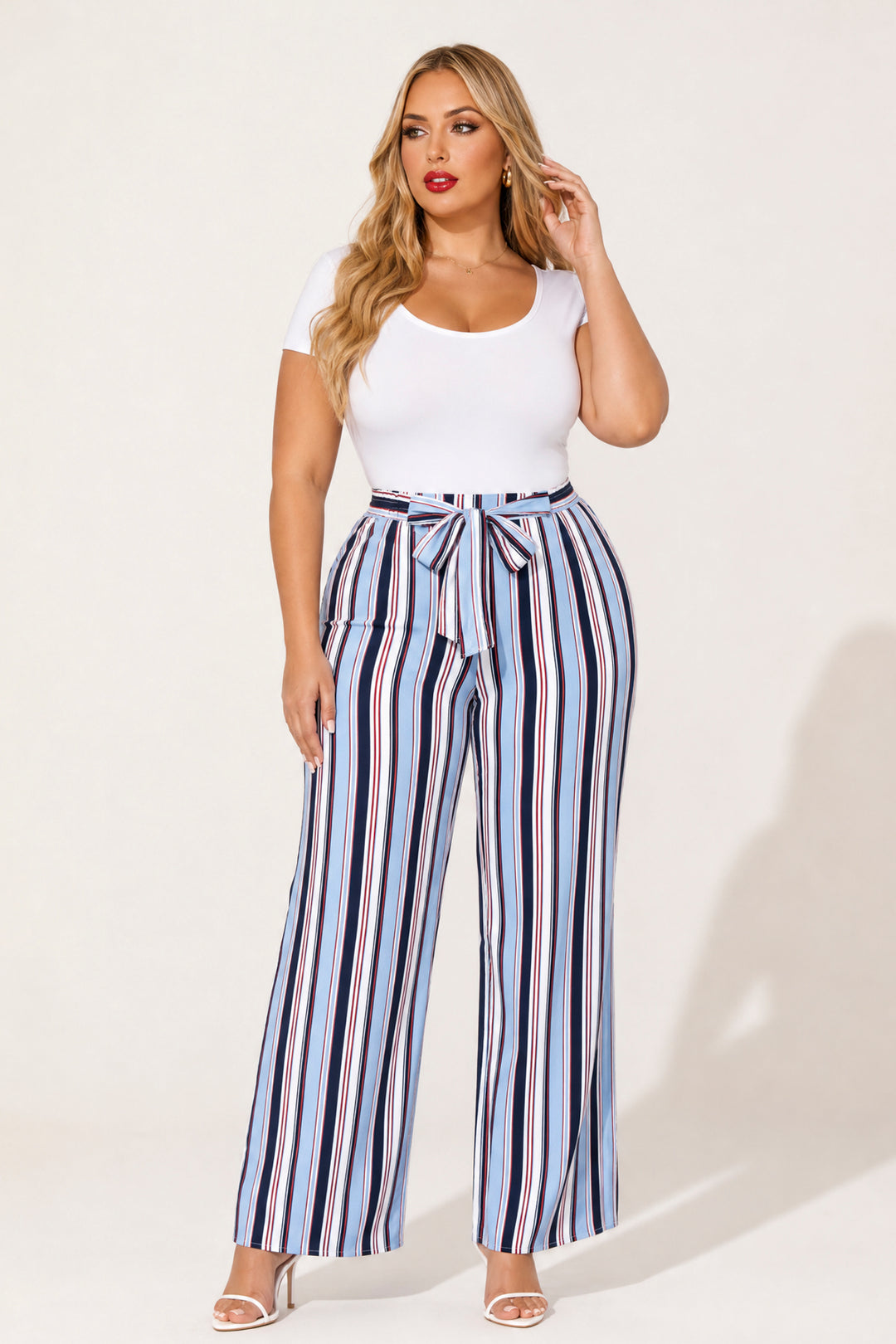 Ambiance Bottoms Plus Size Striped Belted Pants - Blue