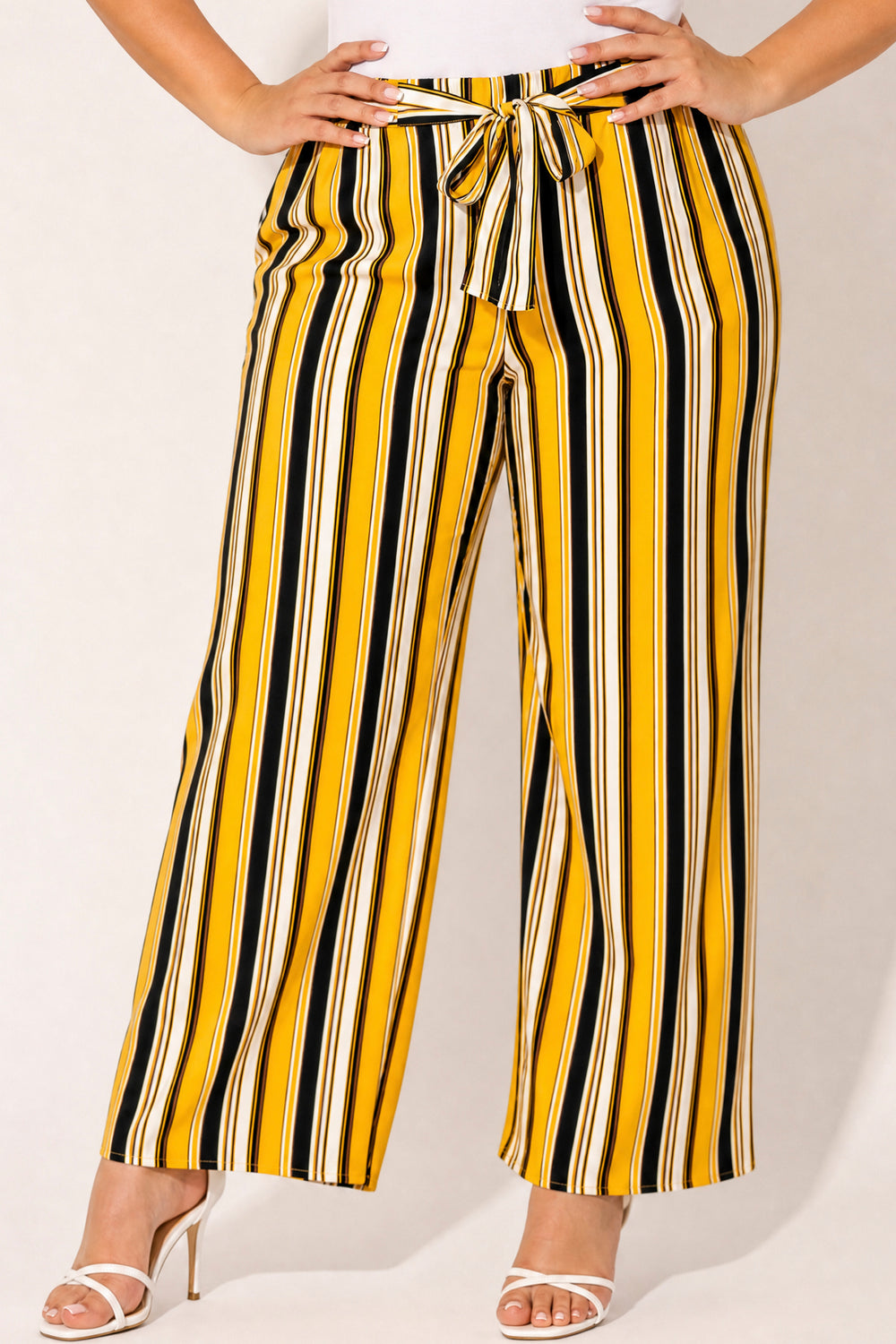 Ambiance Bottoms Plus Size Striped Belted Pants - Mustard