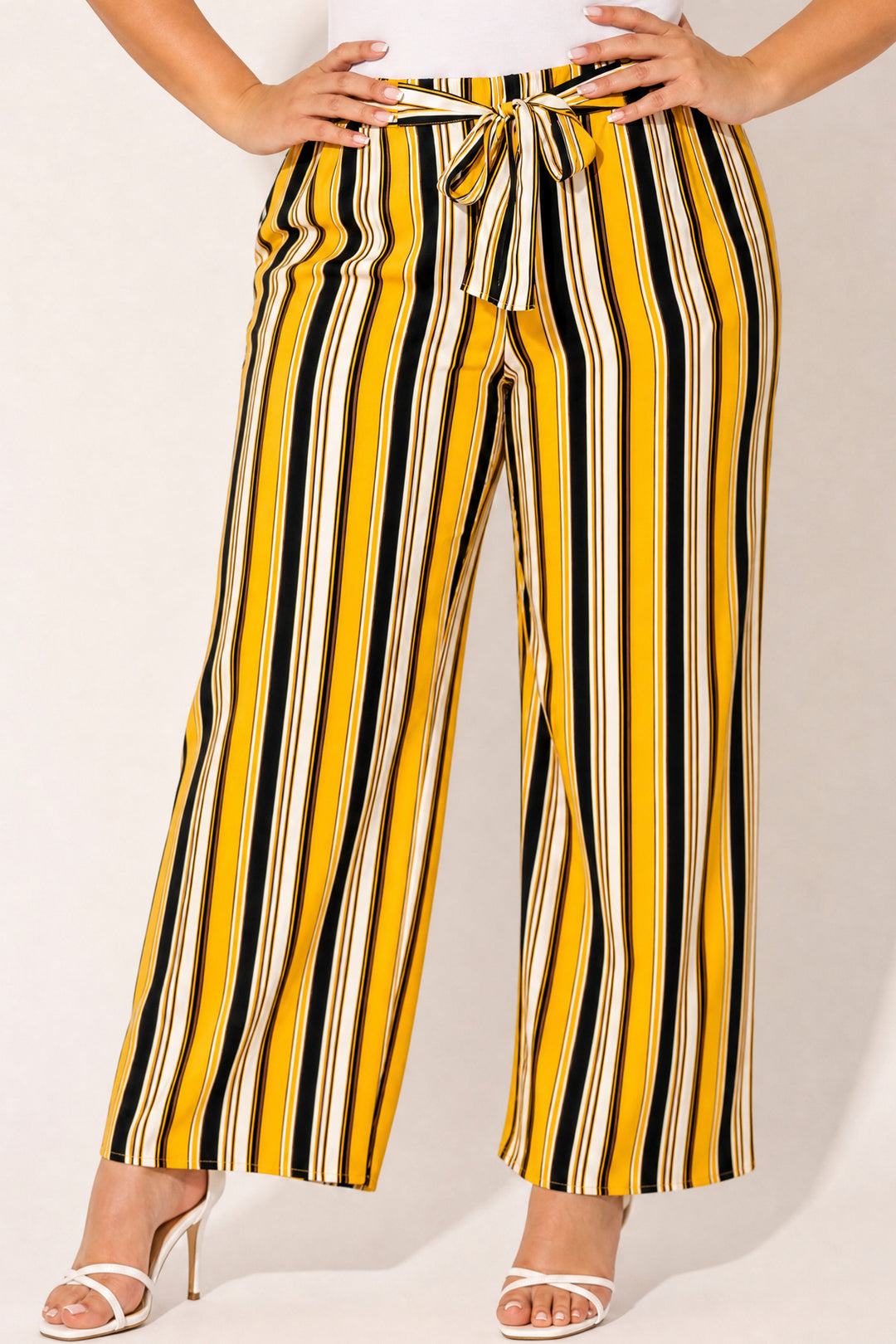 Ambiance Bottoms Plus Size Striped Belted Pants - Mustard
