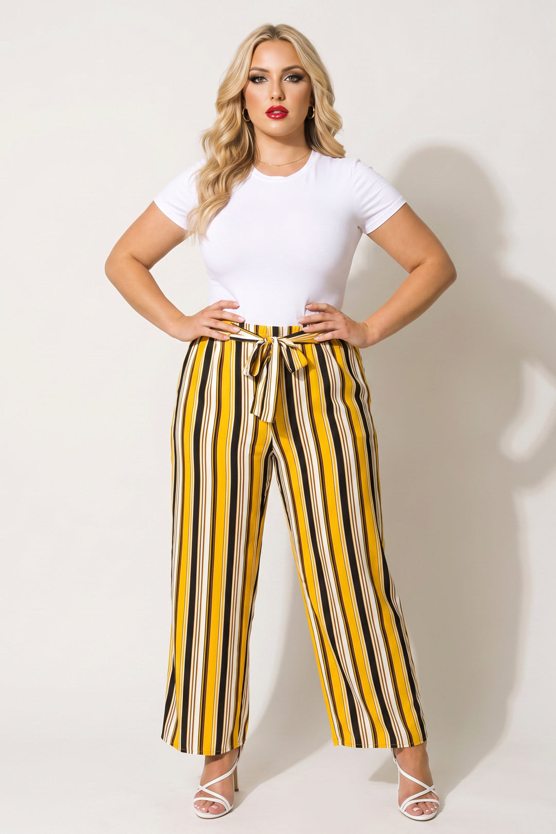 Ambiance Bottoms Plus Size Striped Belted Pants - Mustard