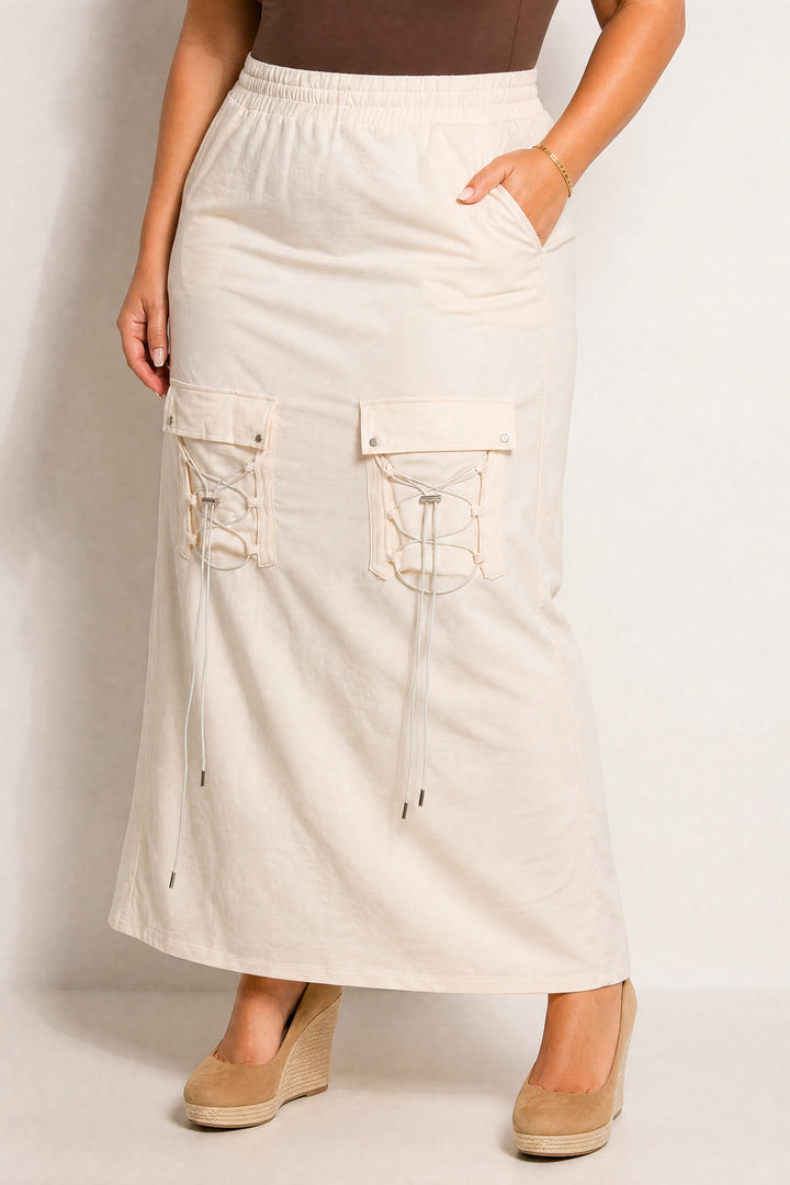 K TOO Bottoms Plus Size Utility Luxe Cargo Maxi Skirt - Cream