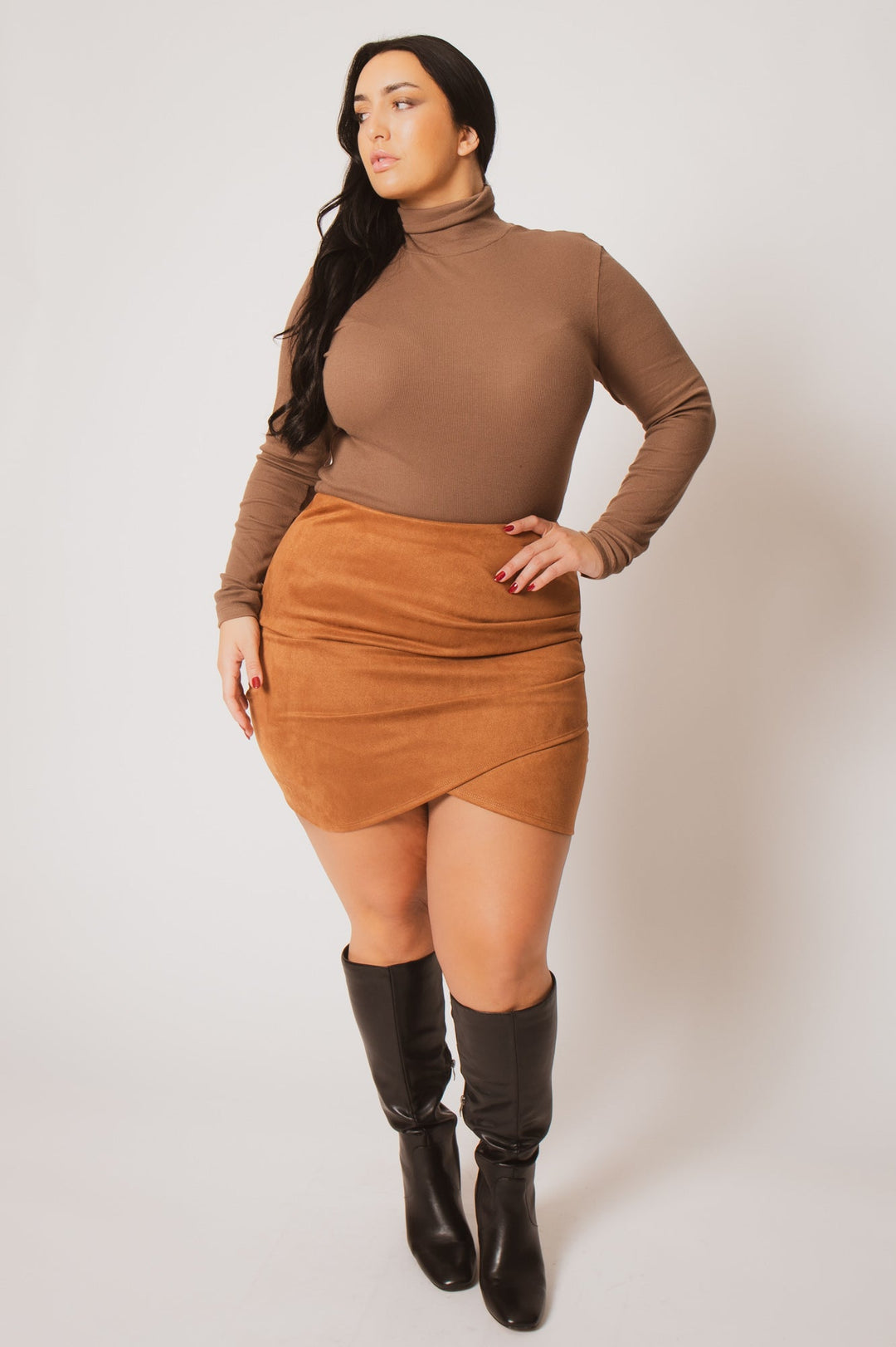 Blue Leopard Bottoms Plus Size Velvet Curve Mini Skirt - Camel
