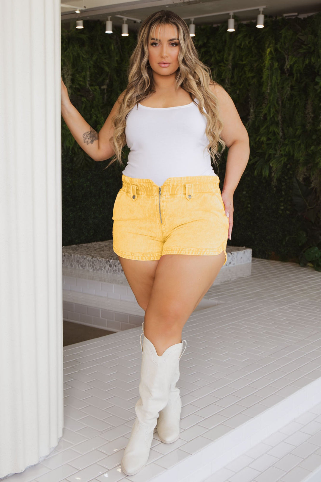 GEE GEE Bottoms Plus Size Washed Denim Paper Bag Shorts- Yellow