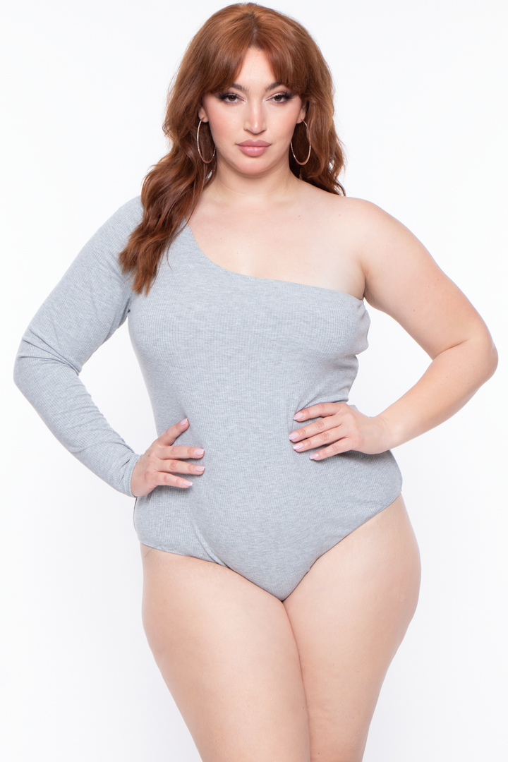 Curvy Sense Bralettes And Bodysuits Plus Size Essential Ribbed Asymmetric Bodysuit - Heather Grey