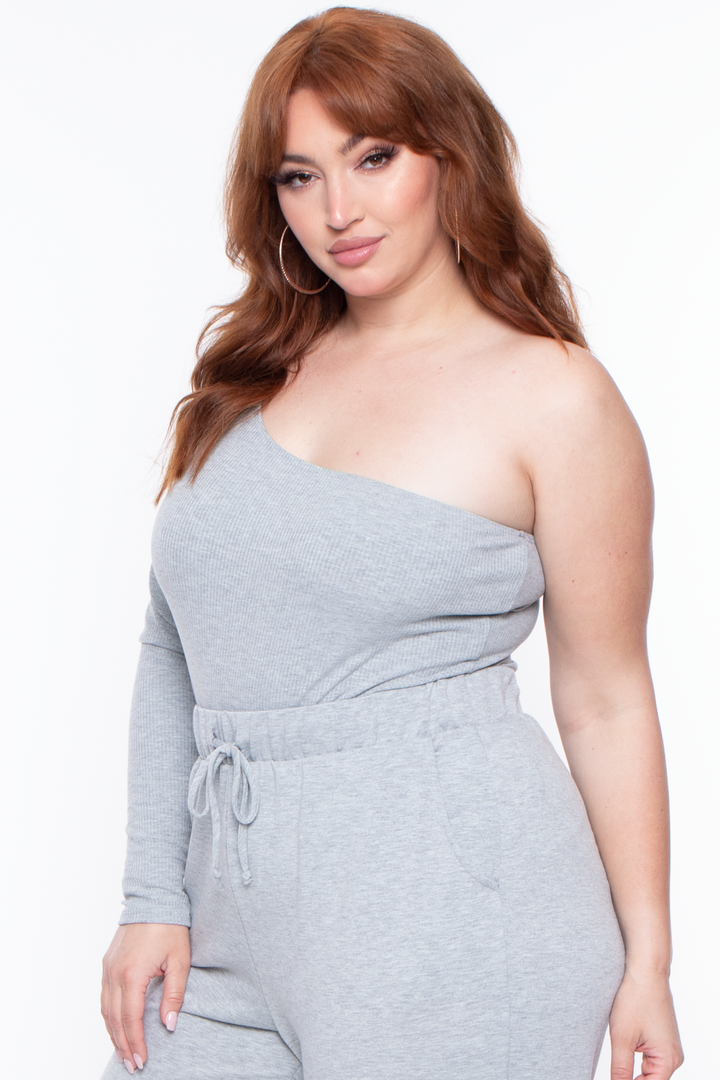 Curvy Sense Bralettes And Bodysuits Plus Size Essential Ribbed Asymmetric Bodysuit - Heather Grey