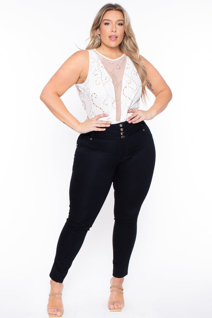 Curvy Sense Bralettes And Bodysuits Plus Size Gia Glitter Sleeveless Bodysuit- Ivory