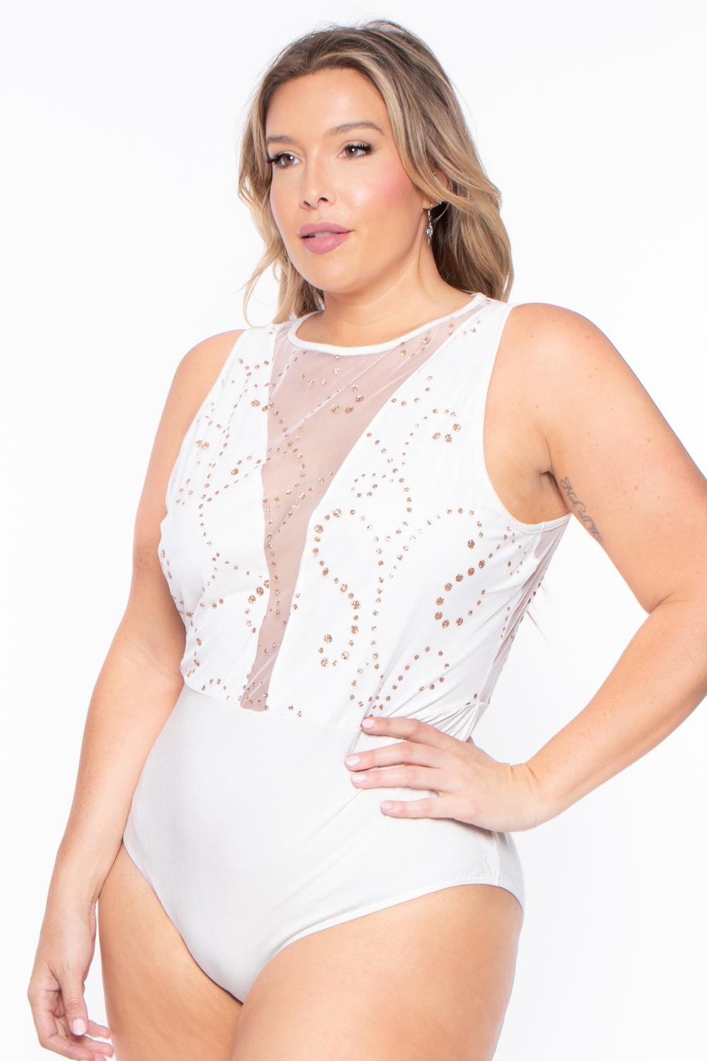Curvy Sense Bralettes And Bodysuits Plus Size Gia Glitter Sleeveless Bodysuit- Ivory
