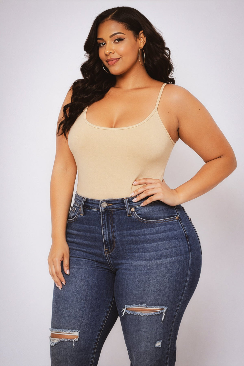 Curvy Sense Inc. Bralettes And Bodysuits Plus Size Jersey Girl Bodysuit - Tan