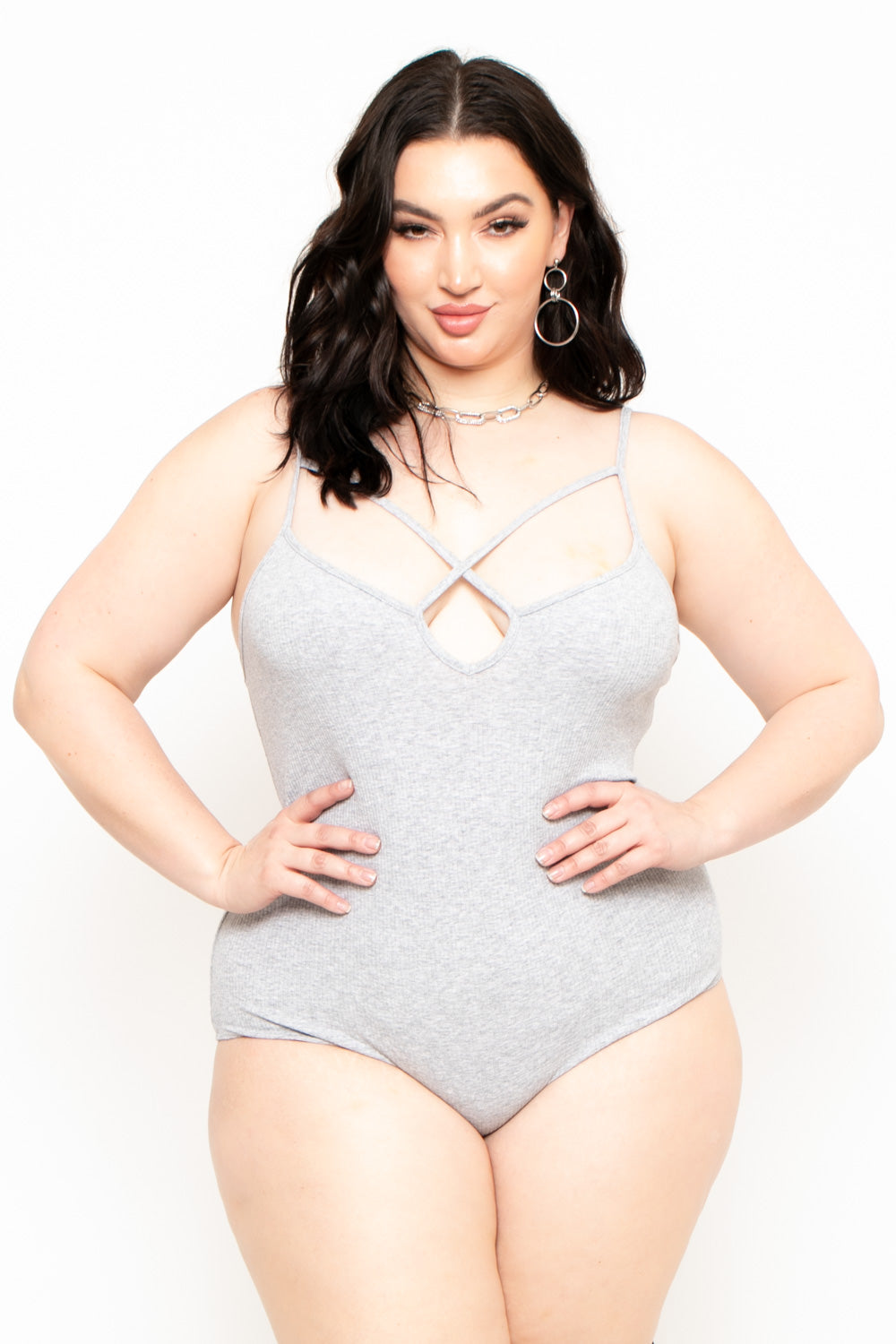 Ambiance Bralettes And Bodysuits 1X / Heather Grey Plus Size Keyhole Ribbed Bodysuit - Heather Grey