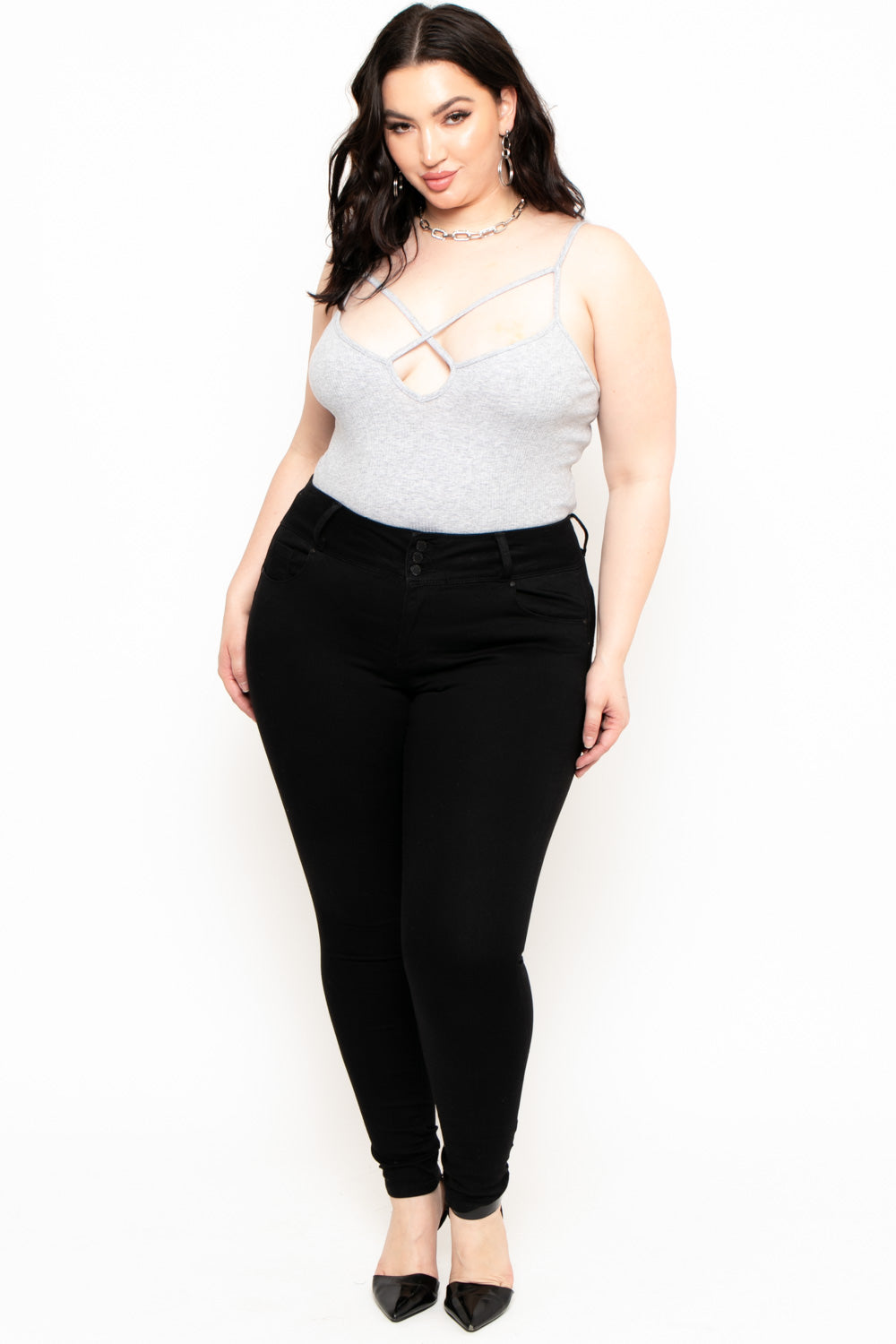Ambiance Bralettes And Bodysuits Plus Size Keyhole Ribbed Bodysuit - Heather Grey