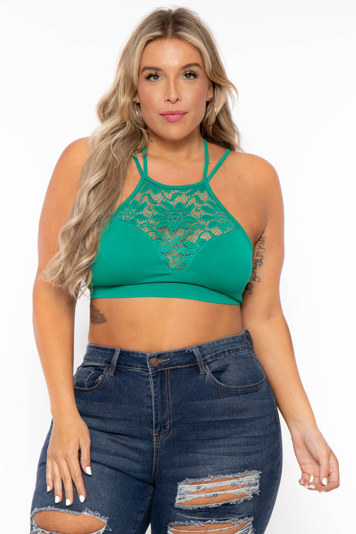 Zenana Bralettes And Bodysuits 1X/2X / Green Plus Size Lace Trim Bralette - Green