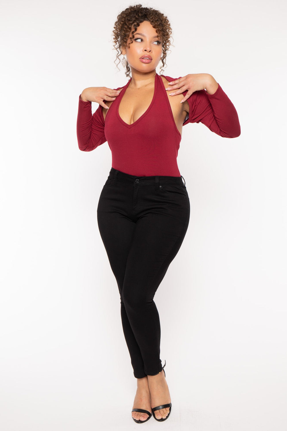 Ambiance Bralettes And Bodysuits Plus Size Mei Bodysuit & Shrug -Burgundy