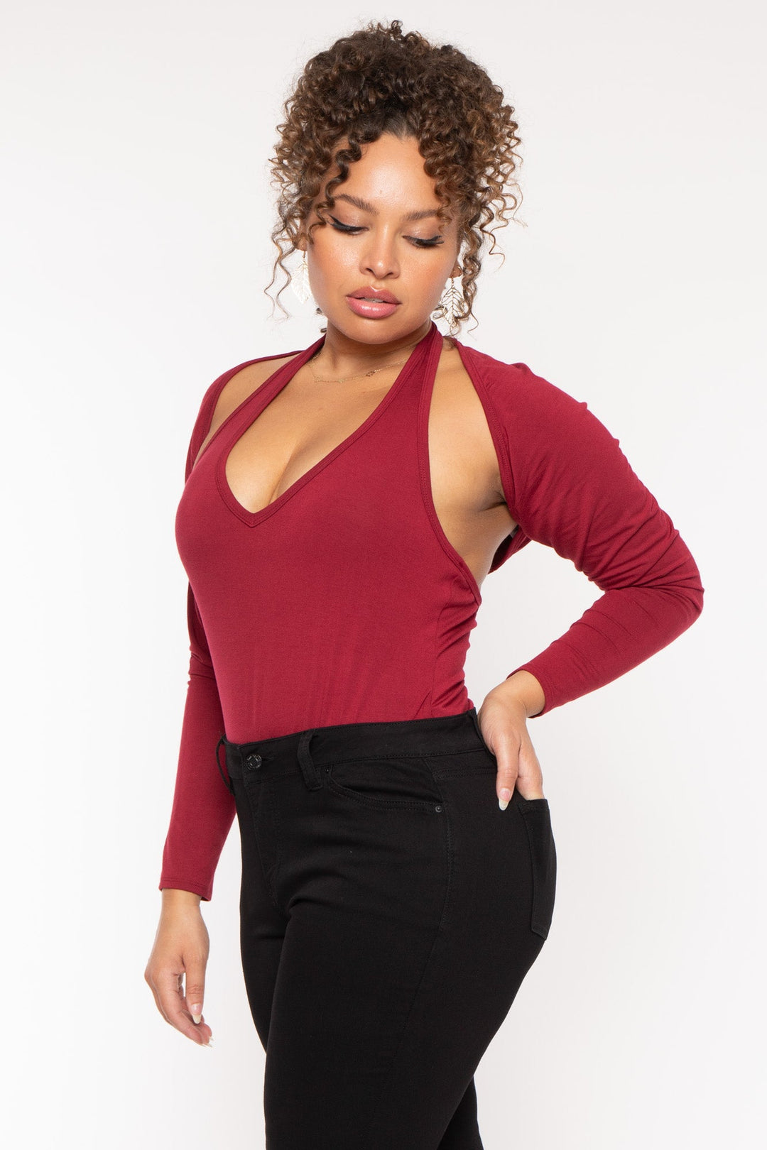 Ambiance Bralettes And Bodysuits Plus Size Mei Bodysuit & Shrug -Burgundy