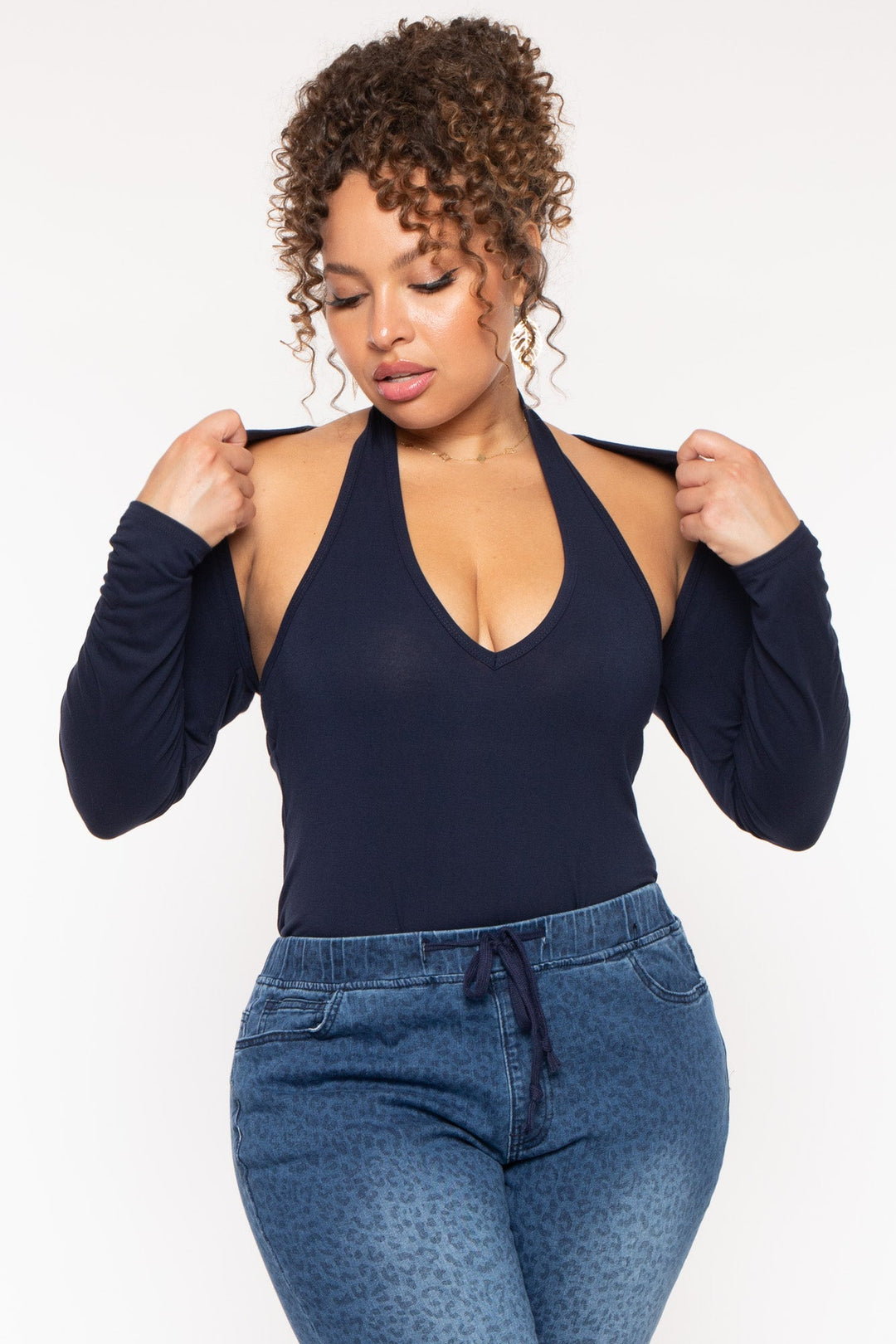 Ambiance Bralettes And Bodysuits Plus Size Mei Bodysuit & Shrug -Navy