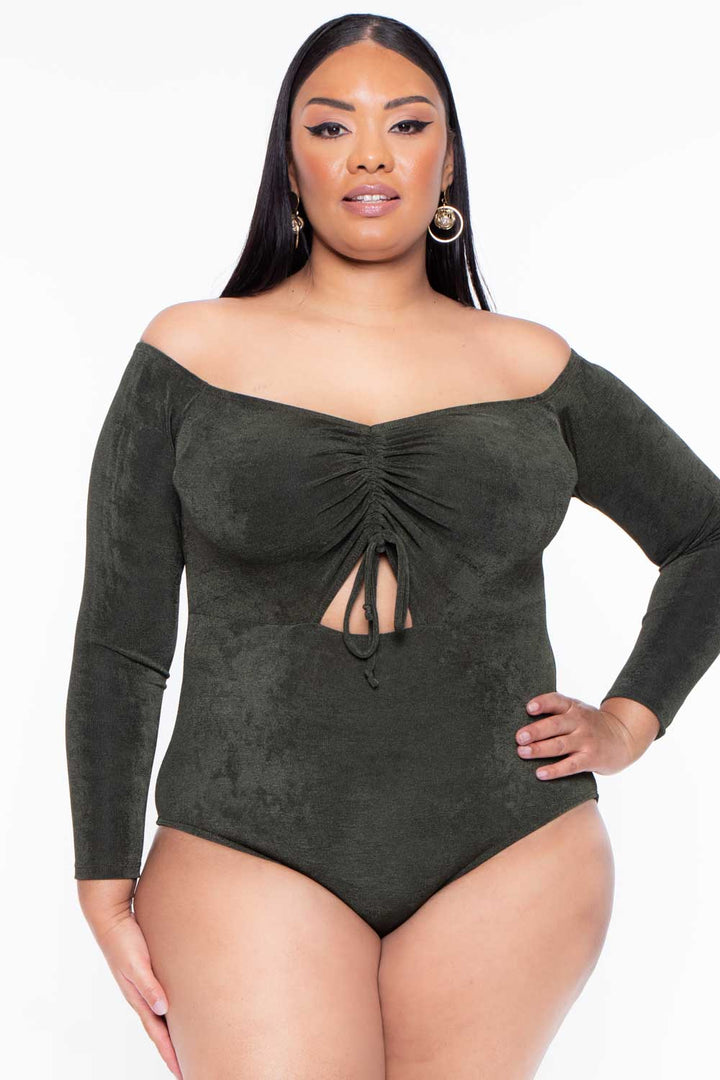 Curvy Sense Bralettes And Bodysuits 1X / Olive Plus Size Miyuki Slinky Bodysuit - Olive