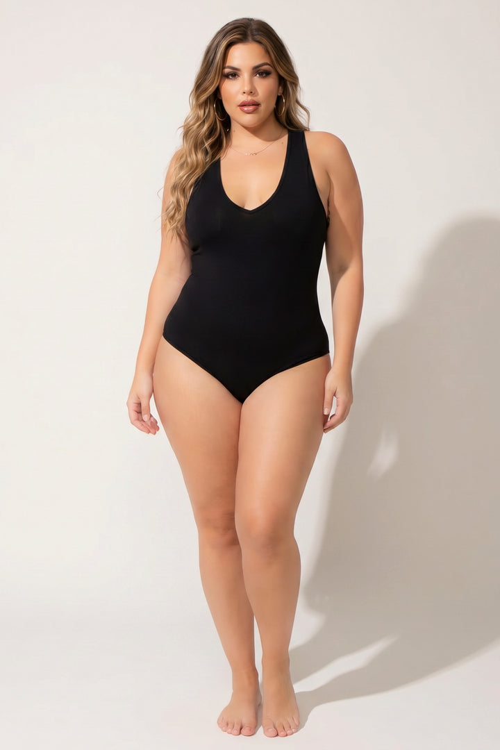 Ambiance Bralettes And Bodysuits Plus Size V-Neck Bodysuit - Black