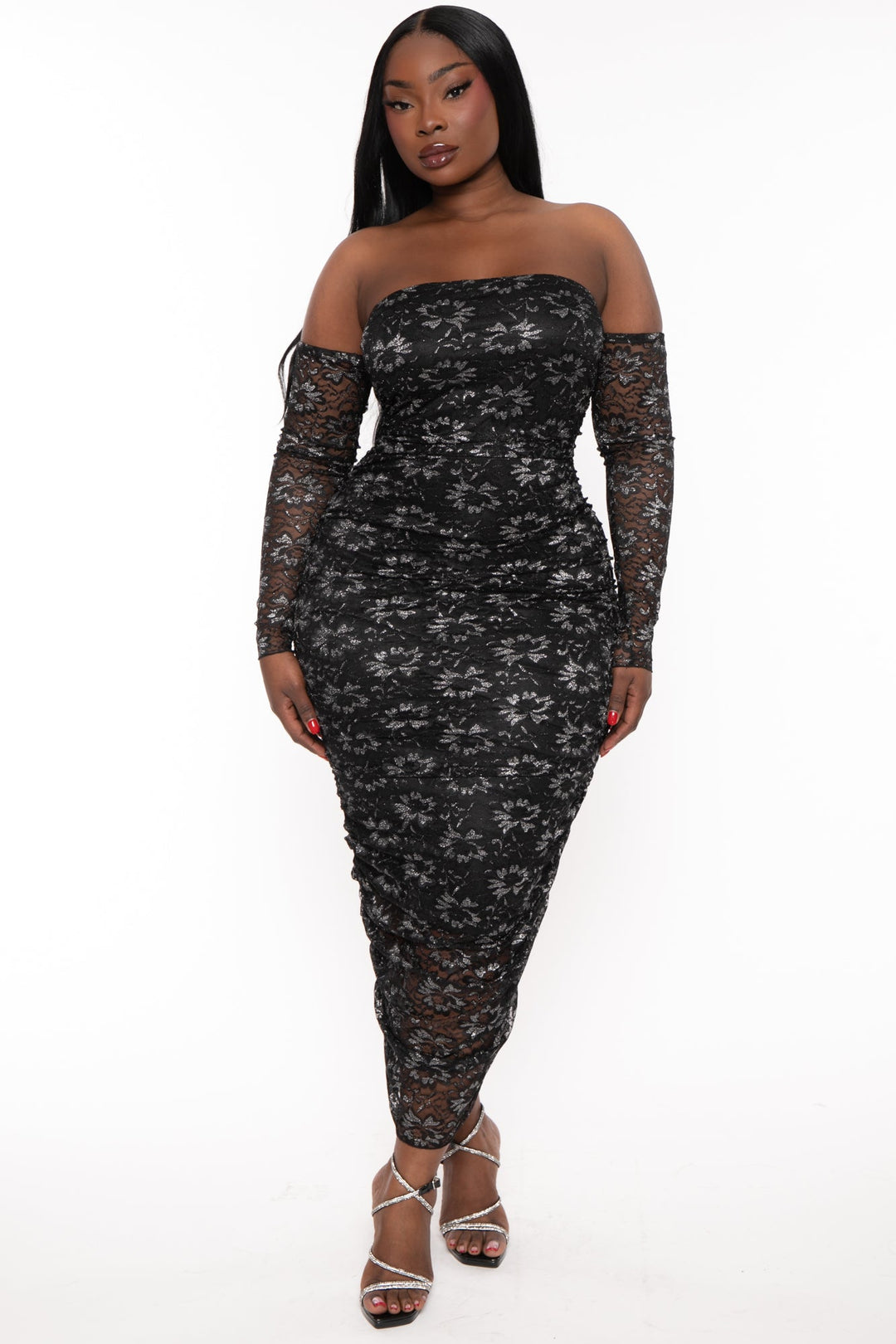 Curvy Sense Dresses 1X / Black Plus Size Aaliyah Lurex Mesh Midi Dress -Black