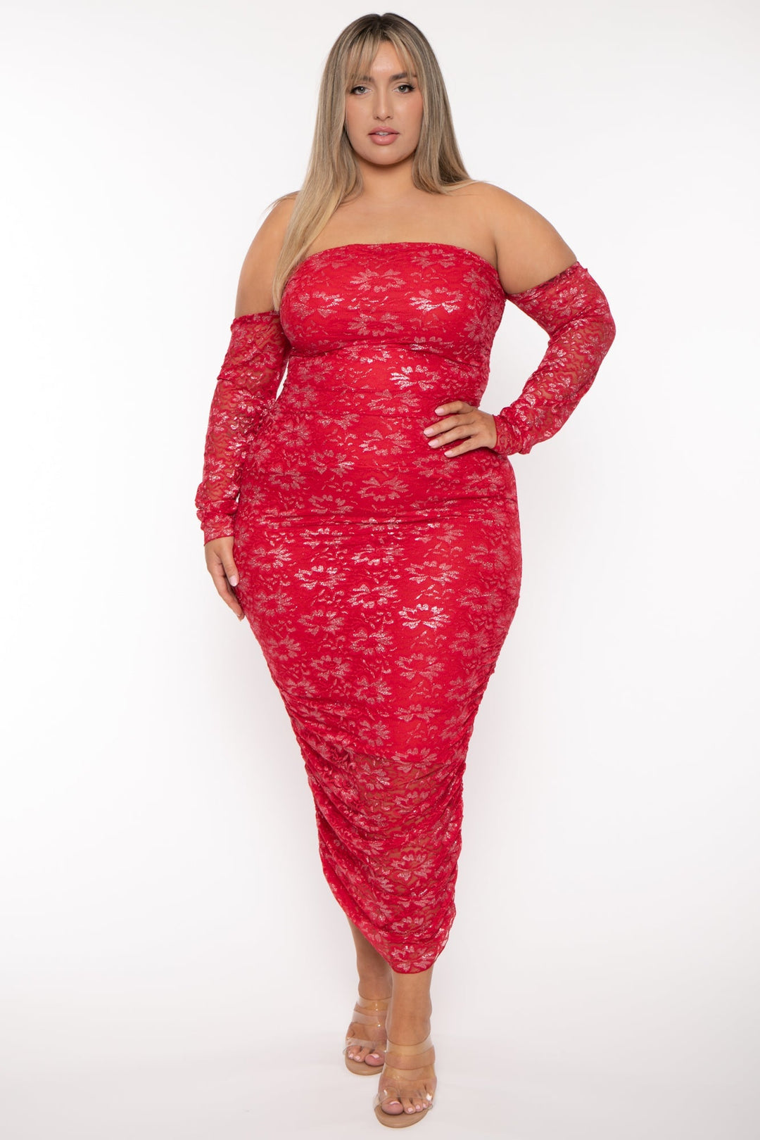 Curvy Sense Dresses Plus Size Aaliyah Lurex Mesh Midi Dress -Red