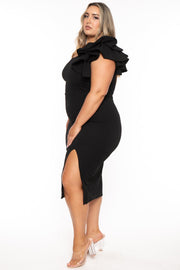 SYMPHONY Dresses Plus Size Abrielle One Shoulder Ruffle  Midi Gown- Black
