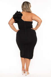 SYMPHONY Dresses Plus Size Abrielle One Shoulder Ruffle  Midi Gown- Black