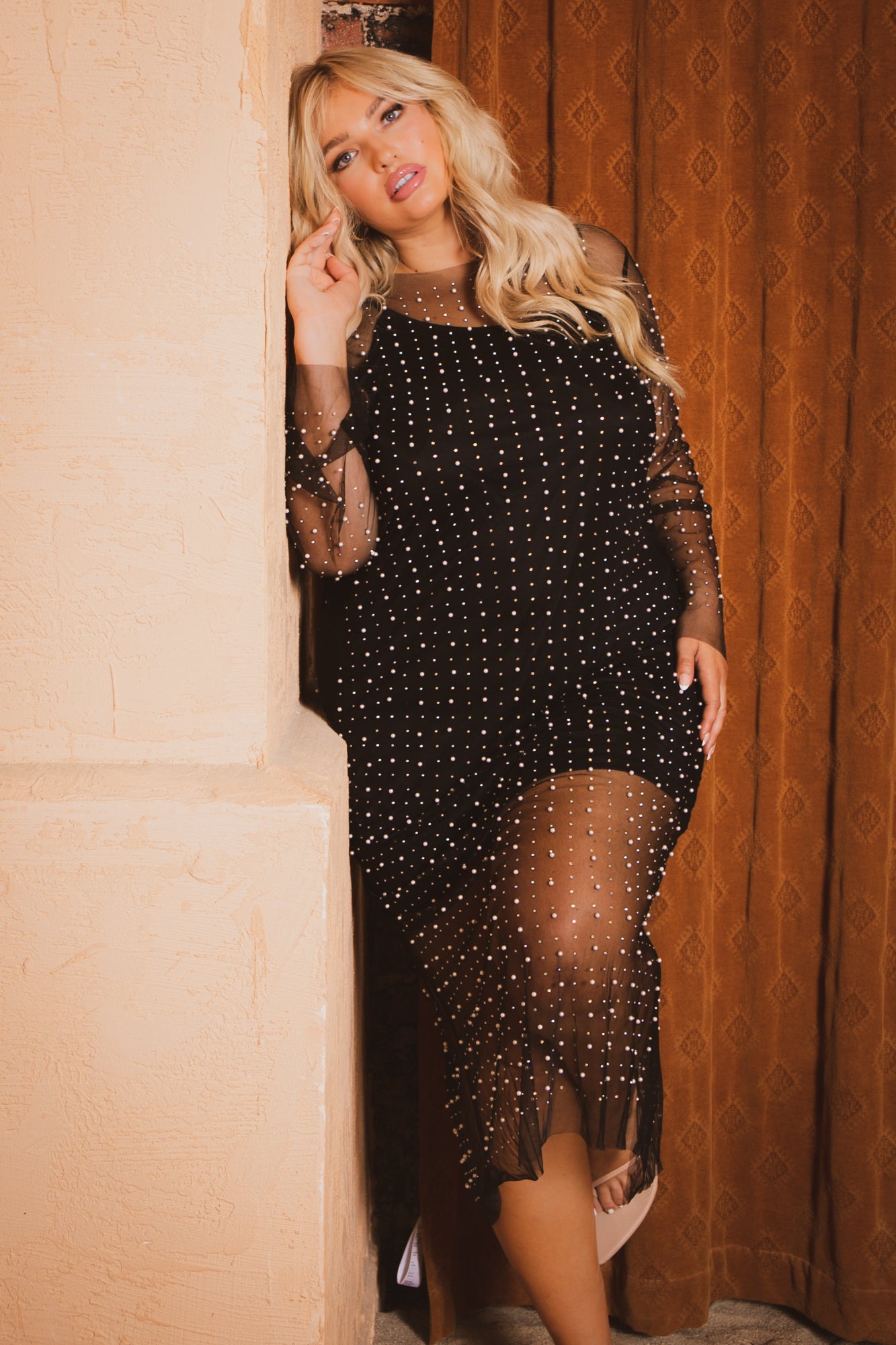 Plus Size Aceline Pearl Rhinestone Mesh Dress Black