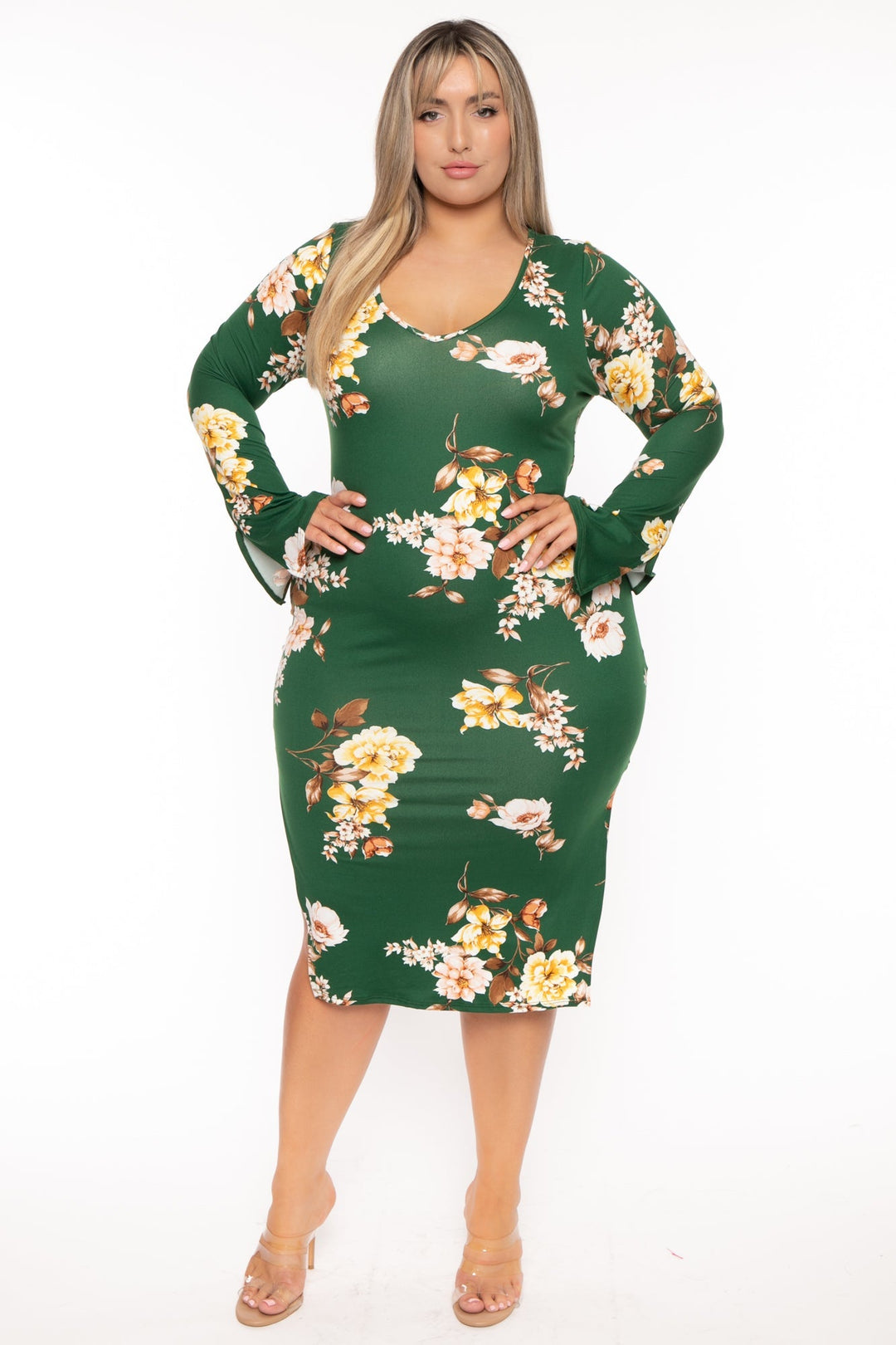 Curvy Sense Dresses Plus Size Adeline Floral  Midi  Dress - Green