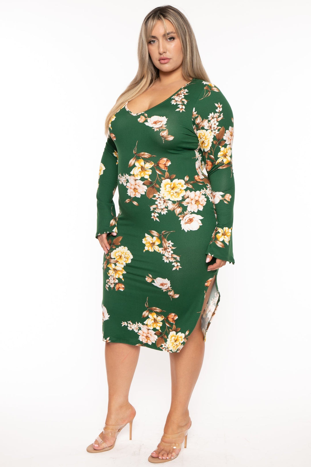 Curvy Sense Dresses Plus Size Adeline Floral  Midi  Dress - Green