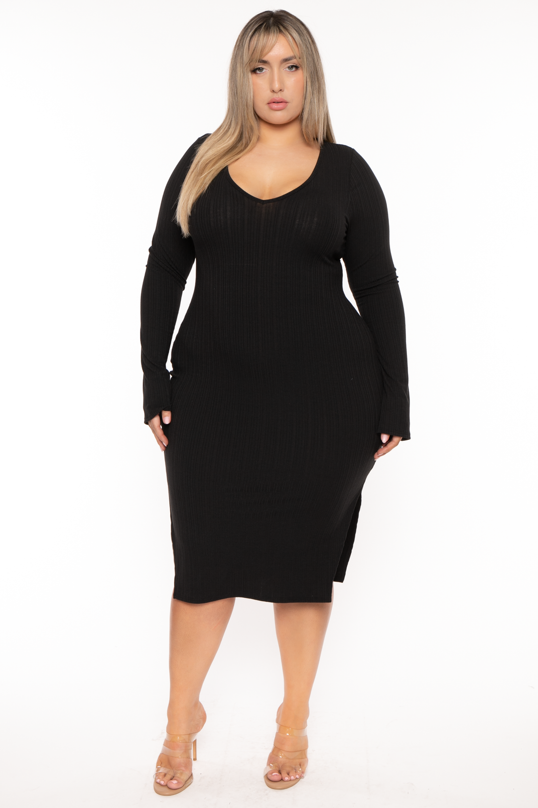 Curvy Sense Dresses 1X / Black Plus Size Adeline Ribbed  Midi  Dress - Black