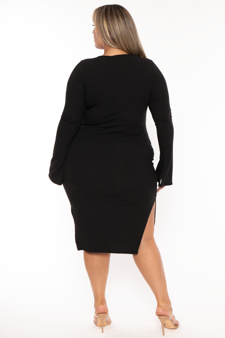 Curvy Sense Dresses Plus Size Adeline Ribbed  Midi  Dress - Black
