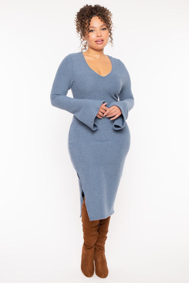 Curvy Sense Dresses Plus Size Adeline Ribbed  Midi  Dress - Blue