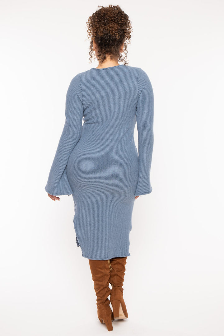 Curvy Sense Dresses Plus Size Adeline Ribbed  Midi  Dress - Blue