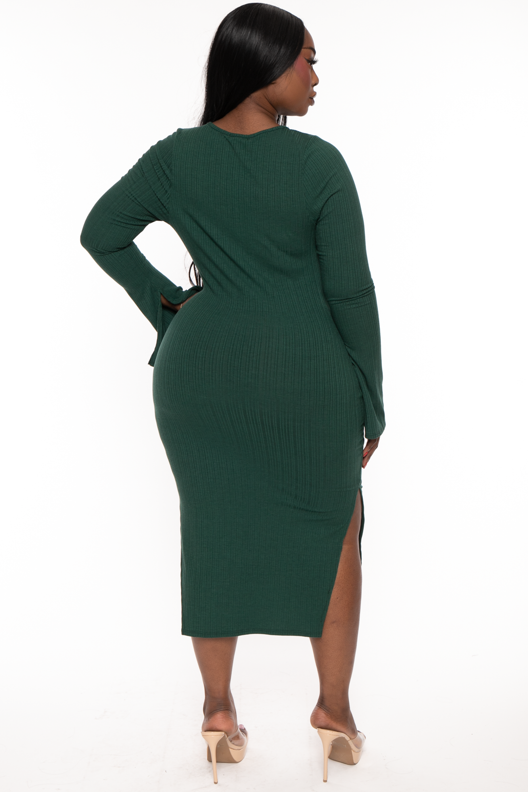 Curvy Sense Dresses Plus Size Adeline Ribbed  Midi  Dress - Green