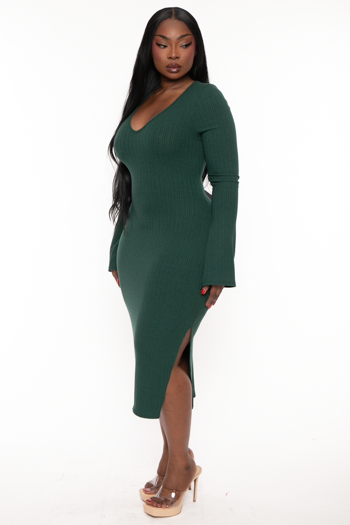 Curvy Sense Dresses Plus Size Adeline Ribbed  Midi  Dress - Green