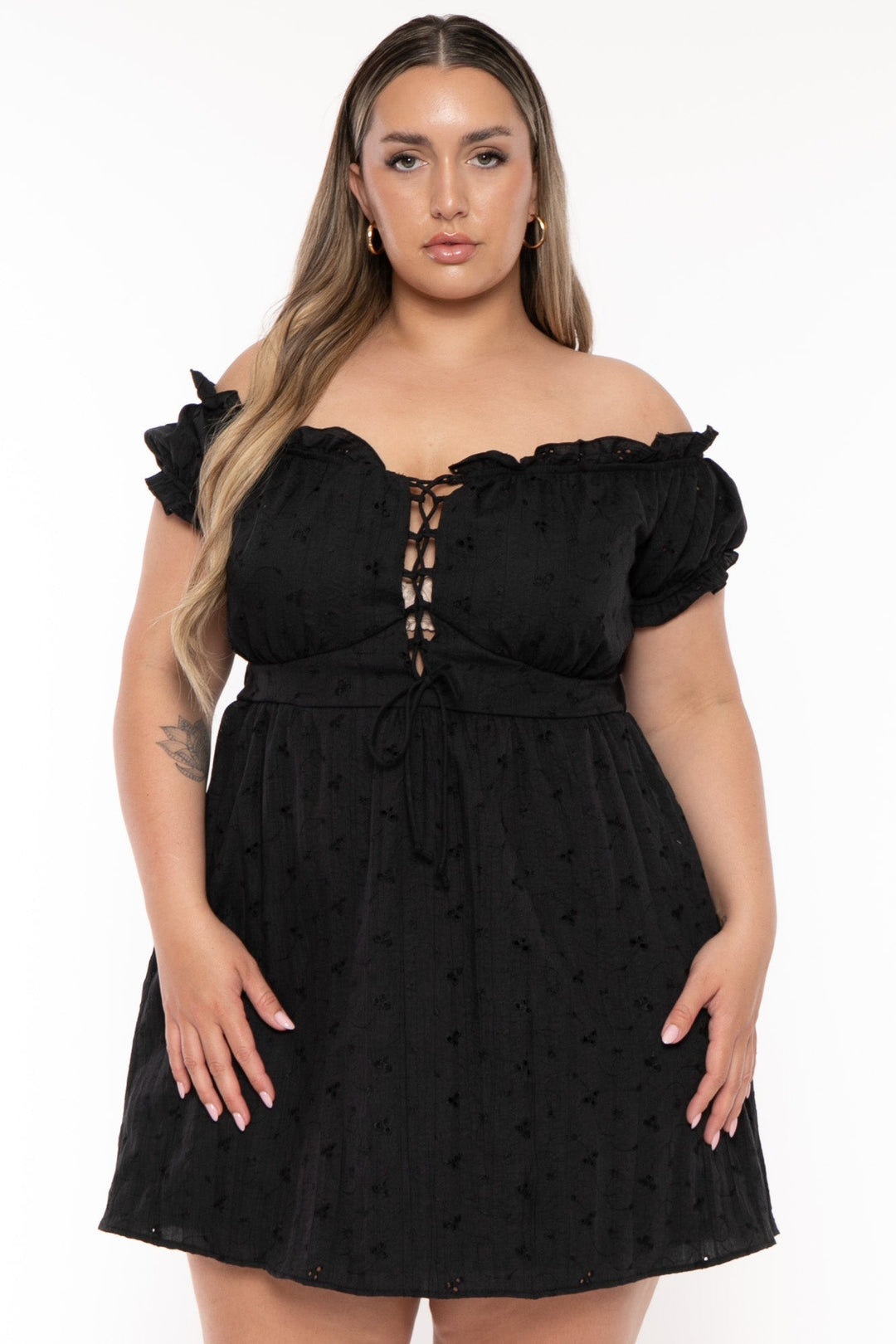 Curvy Sense Dresses Plus Size Adella Eyelet  Lace Up  Dress- Black