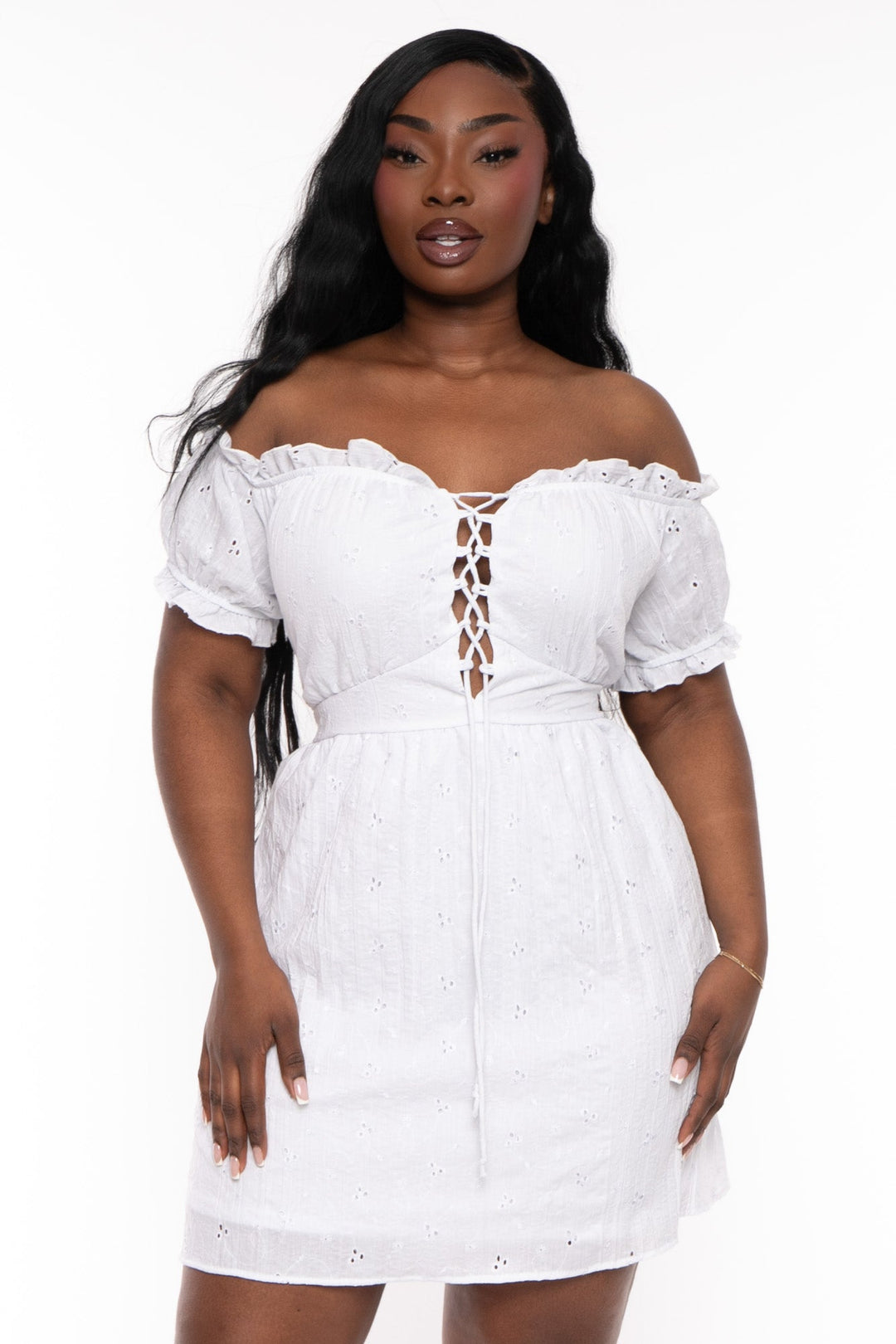 Curvy Sense Dresses Plus Size Adella Lace Up  Dress- White