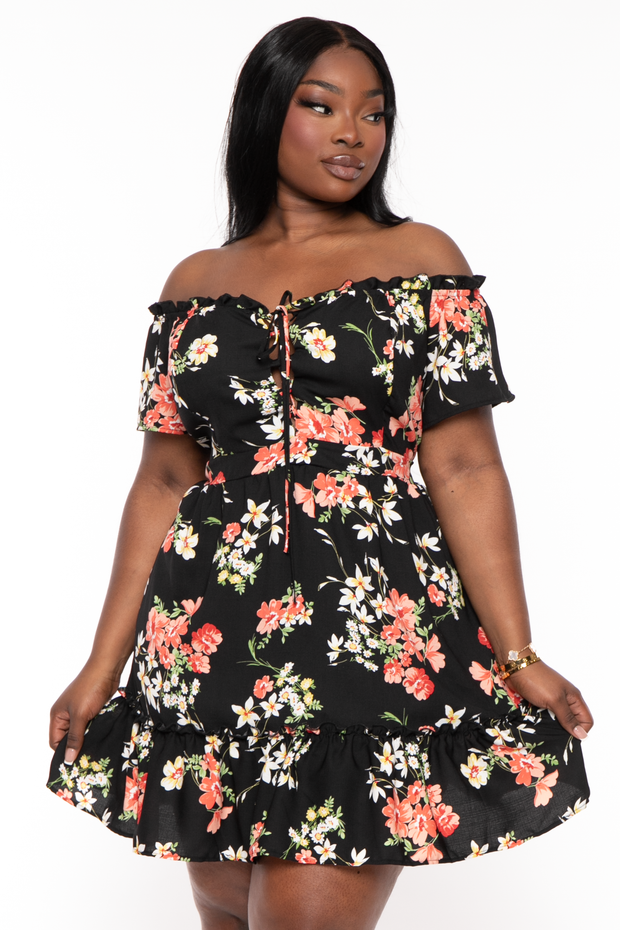 Curvy Sense Dresses Plus Size Adella Lace Up Ruffle Floral  Dress- Black