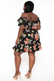 Curvy Sense Dresses Plus Size Adella Lace Up Ruffle Floral  Dress- Black
