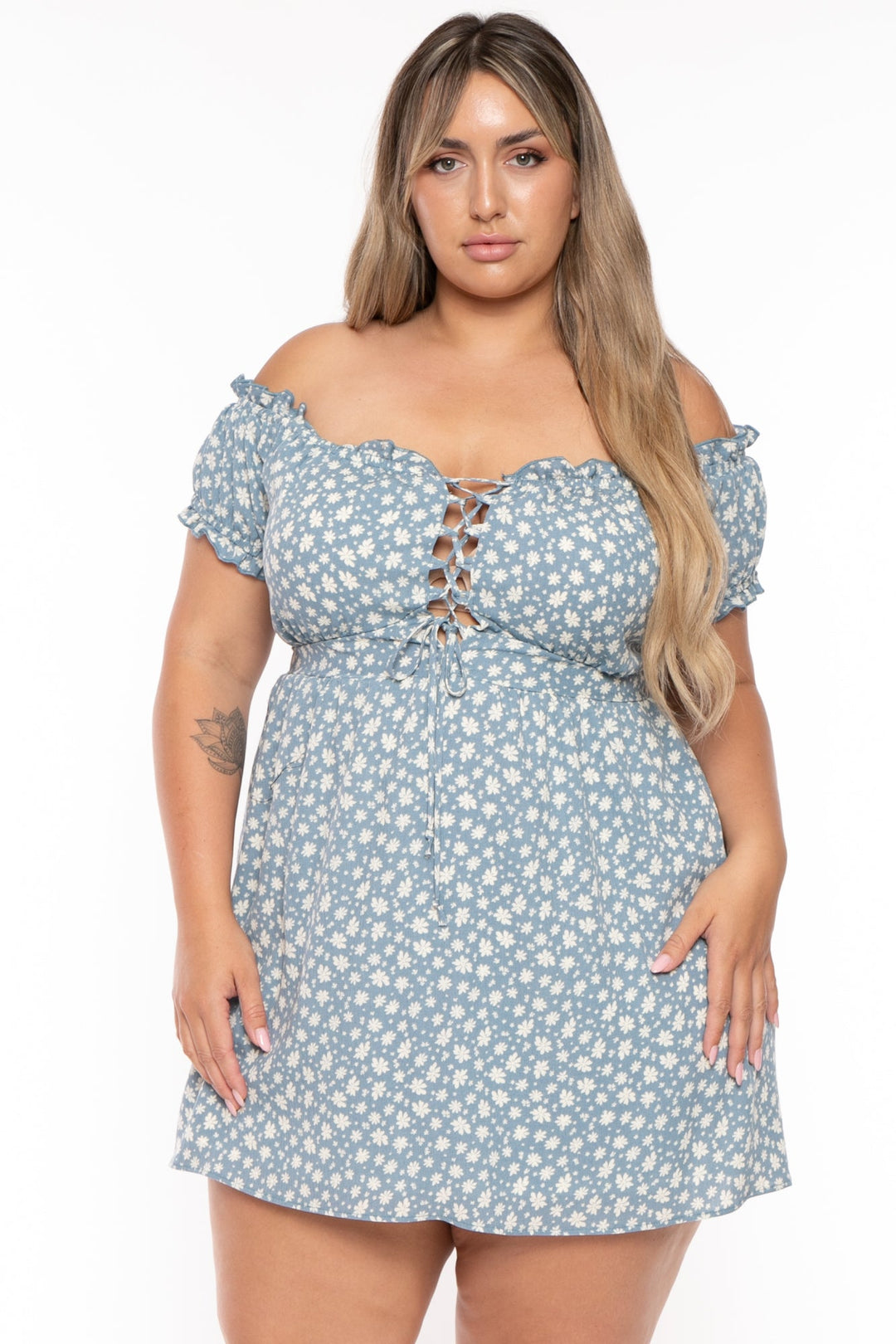 Curvy Sense Dresses Plus Size Adella Printed  Lace Up  Dress- Blue