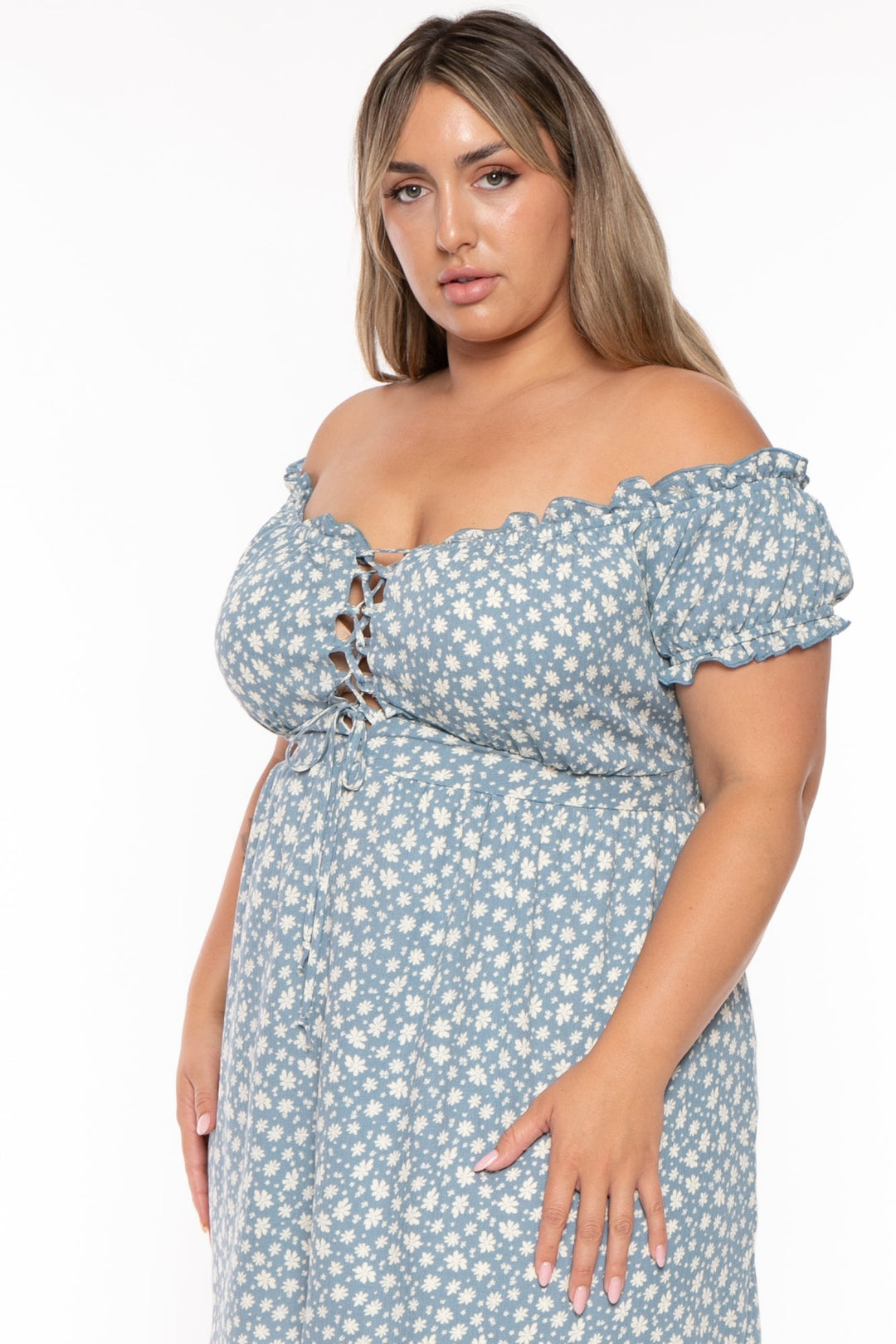 Curvy Sense Dresses Plus Size Adella Printed  Lace Up  Dress- Blue