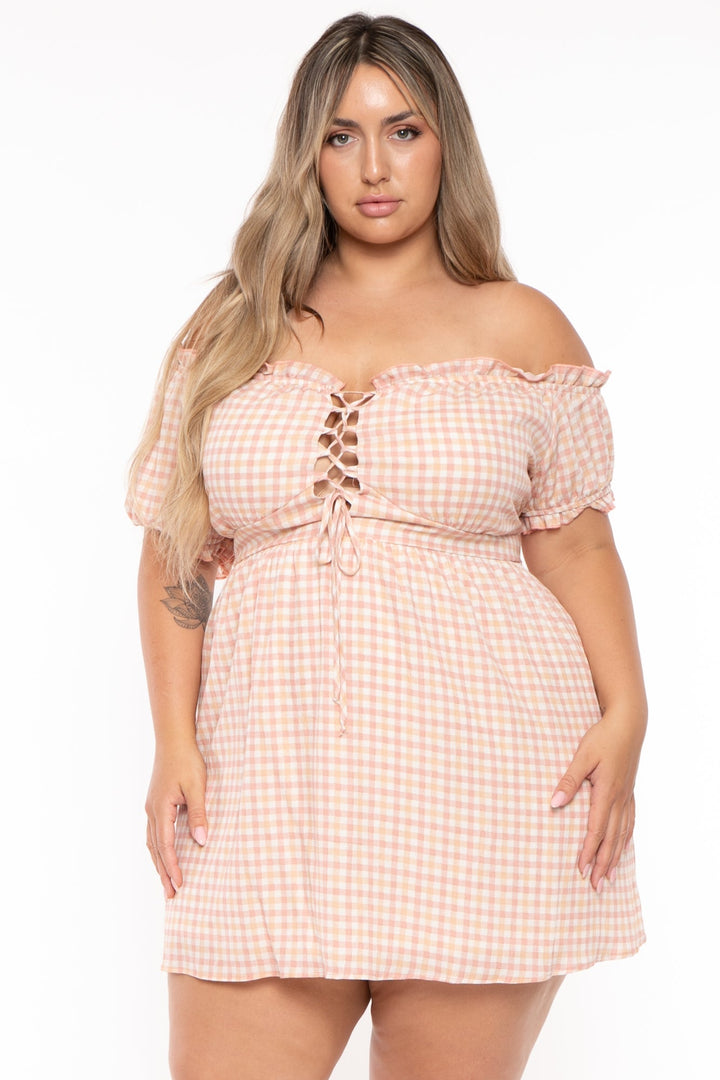 Curvy Sense Dresses Plus Size Adella Printed  Lace Up  Dress- Pink